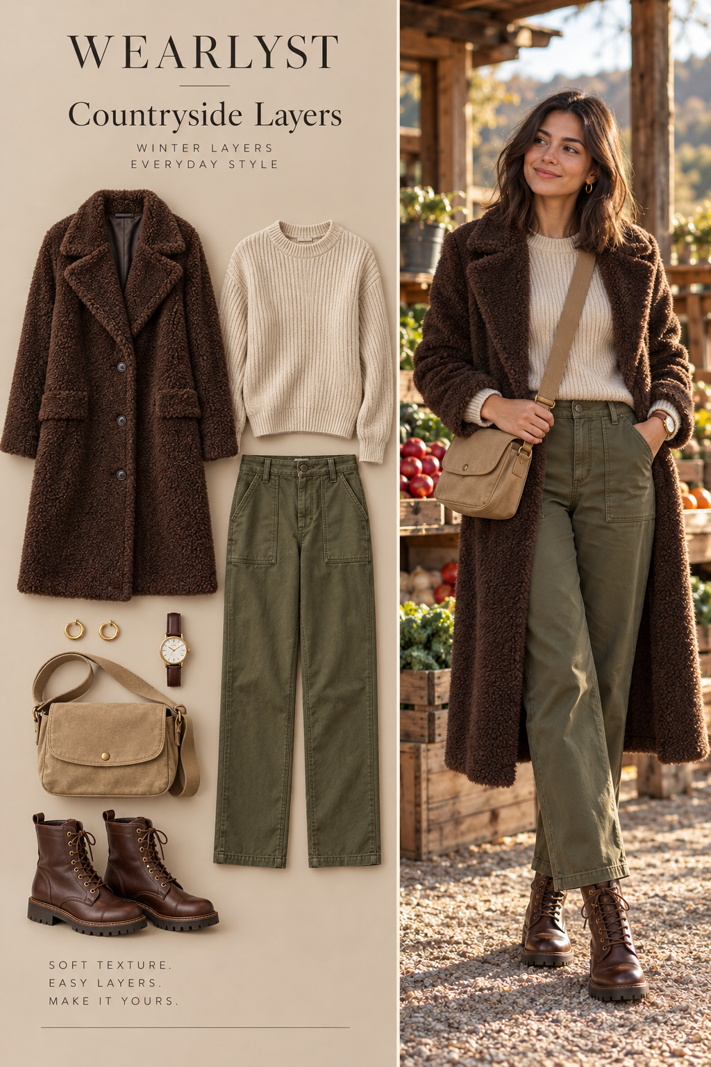 Chocolate shearling coat with oatmeal knit, olive utility pants, and brown lace-up boots