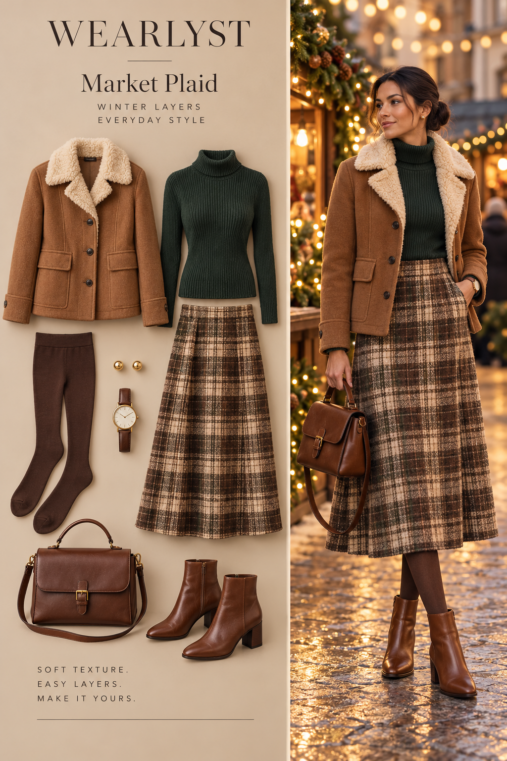 Caramel shearling jacket with green turtleneck, plaid midi skirt, tights, and ankle boots