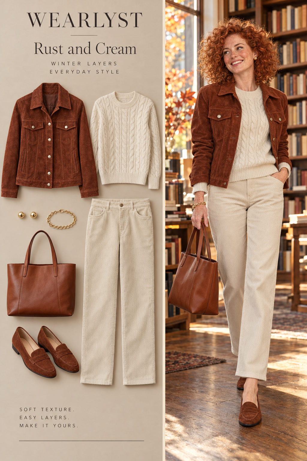 Rust suede jacket with cream cable knit, ecru corduroy pants, and cognac loafers
