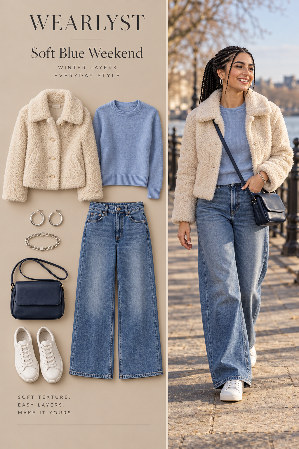 Cream teddy jacket with powder-blue sweater, wide-leg jeans, and white sneakers
