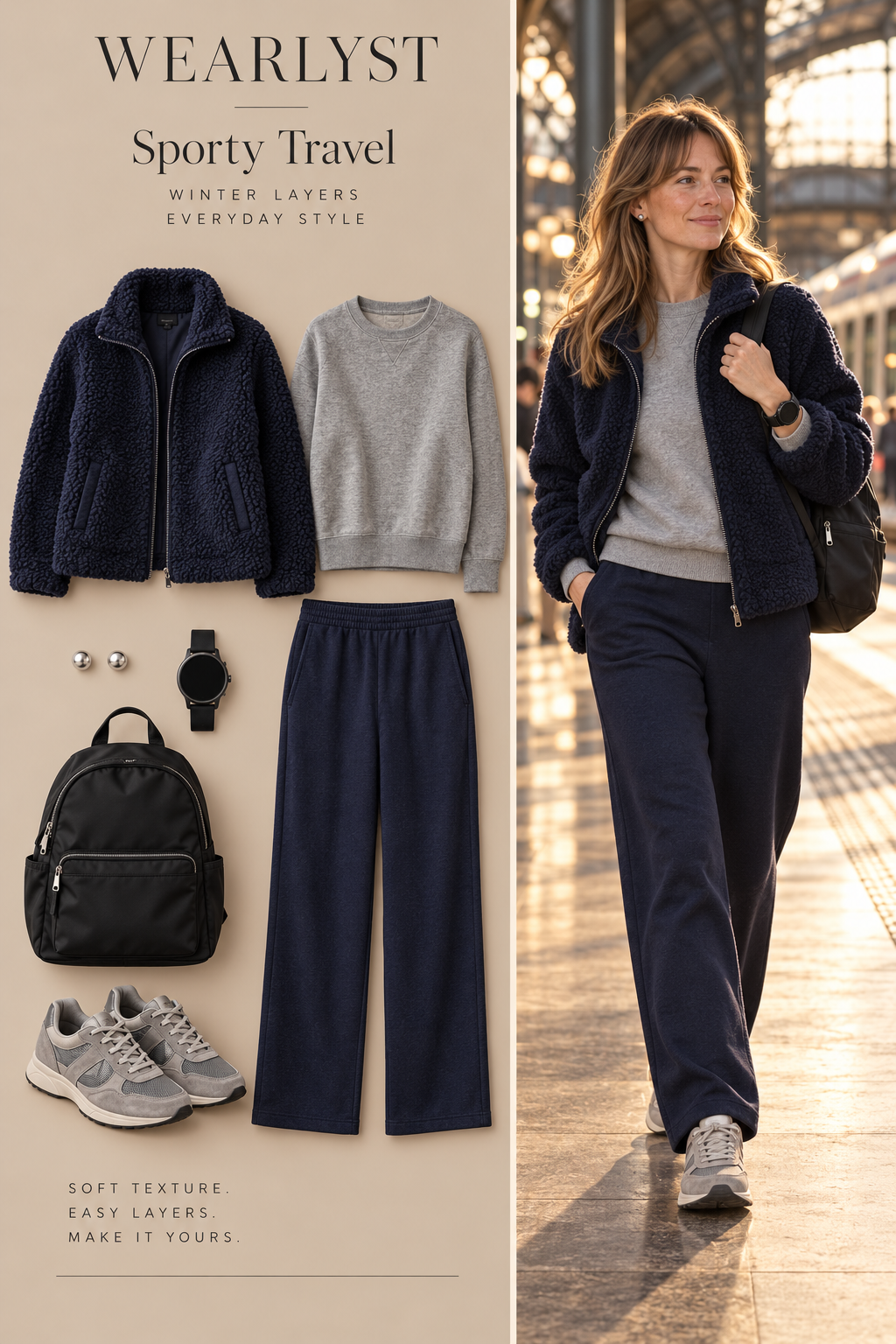 Navy shearling zip jacket with gray sweatshirt, navy knit pants, and gray sneakers