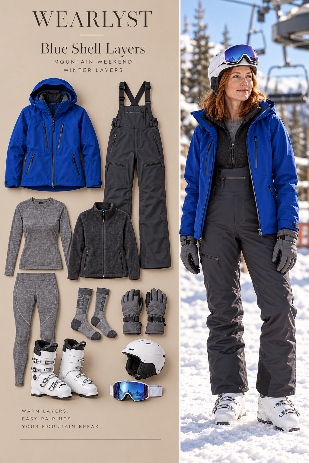 Cobalt ski shell with charcoal bib pants, fleece, white helmet, goggles, and ski boots