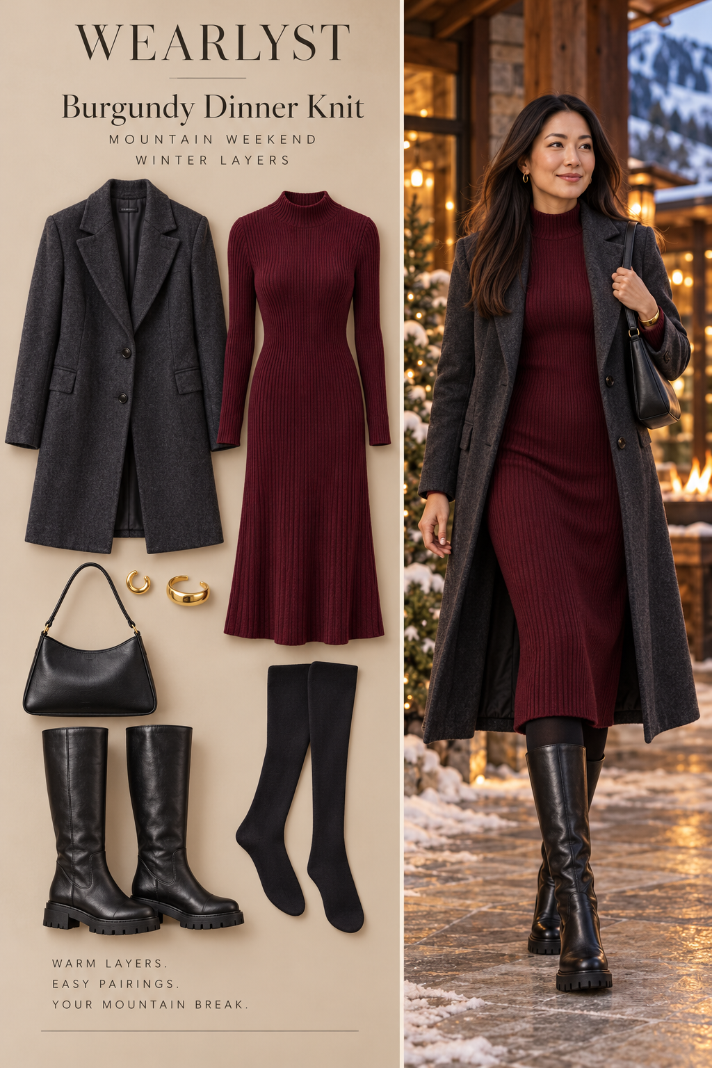 Burgundy sweater dress with a charcoal coat, black tights, and knee-high boots