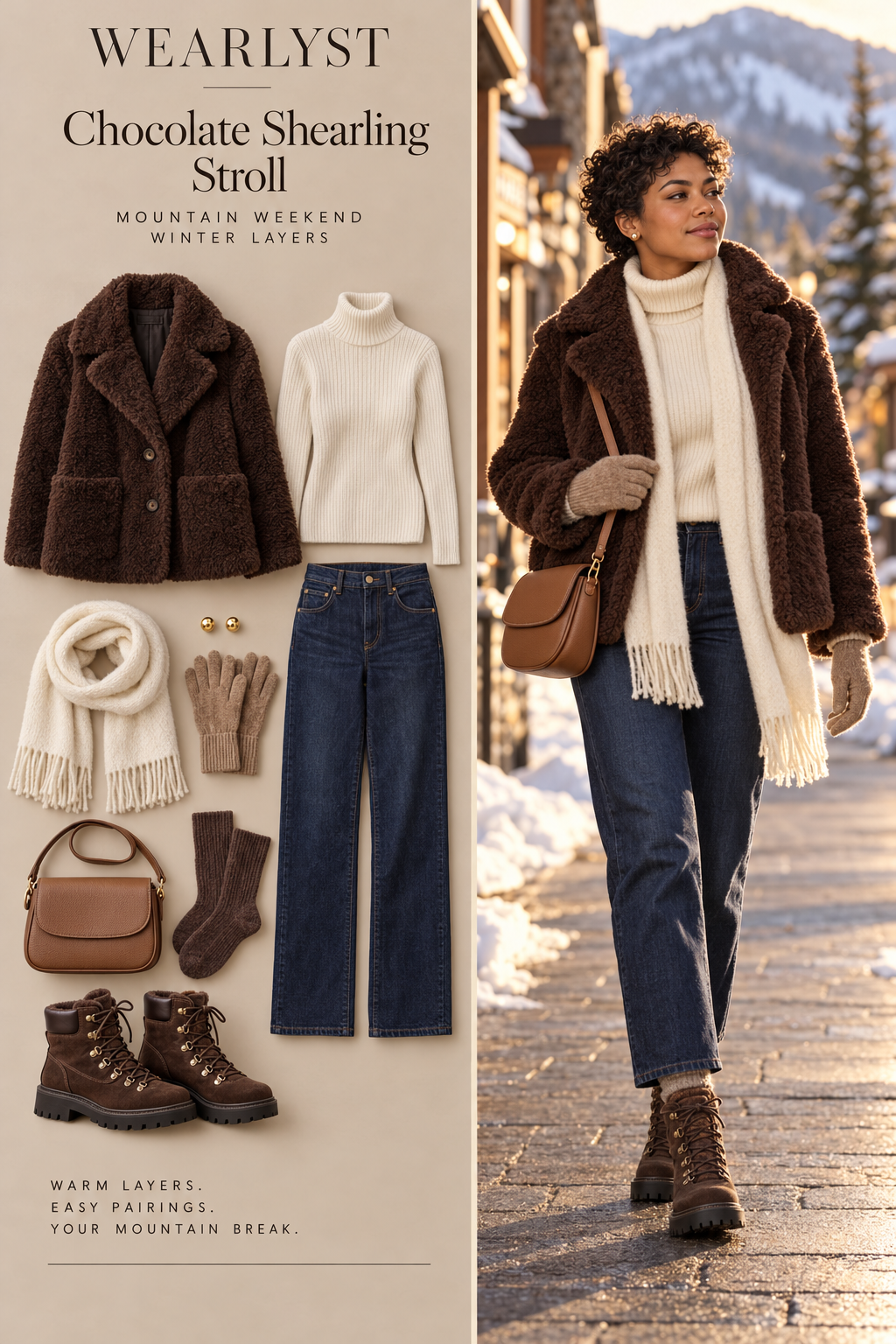 Chocolate faux-shearling jacket with ivory knit, dark jeans, and brown winter boots