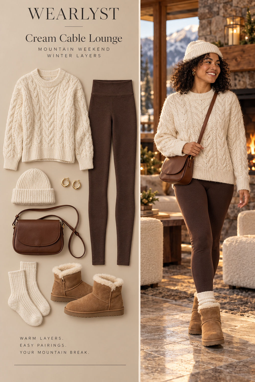 Cream cable sweater with brown leggings, shearling-lined boots, and a cream beanie