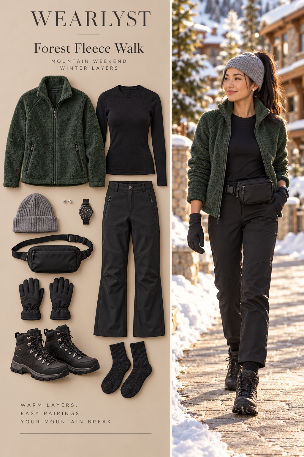 Forest fleece jacket with black thermal trousers, waterproof boots, and a gray beanie
