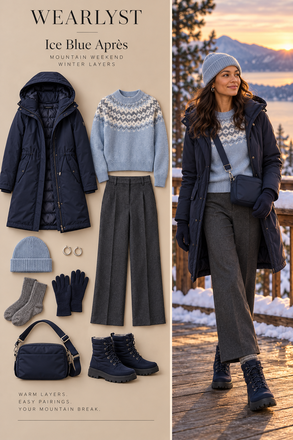 Ice-blue fair-isle sweater with charcoal trousers, navy parka, and winter boots