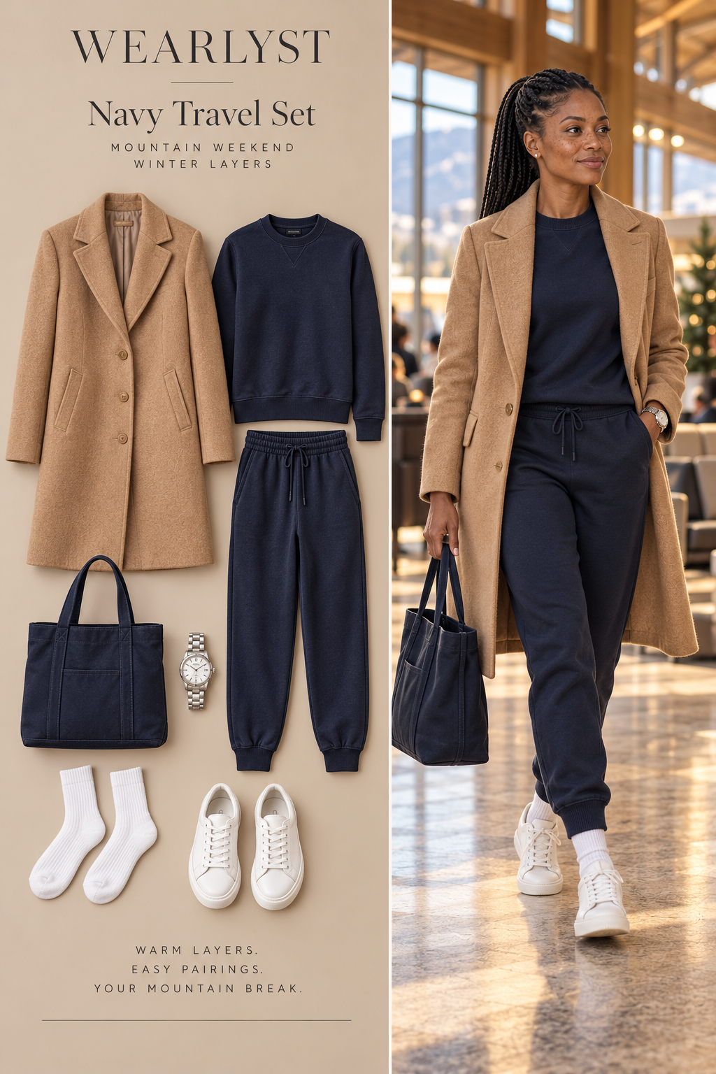 Navy sweatshirt and joggers with camel coat, white sneakers, and a canvas tote