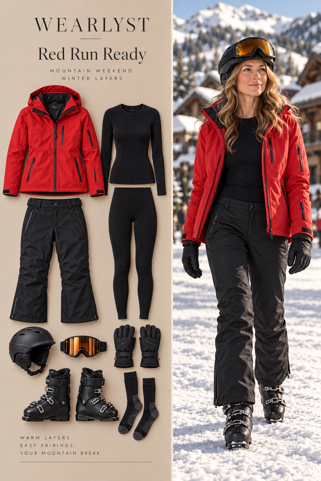 Red ski jacket and black ski pants with helmet, goggles, gloves, and ski boots