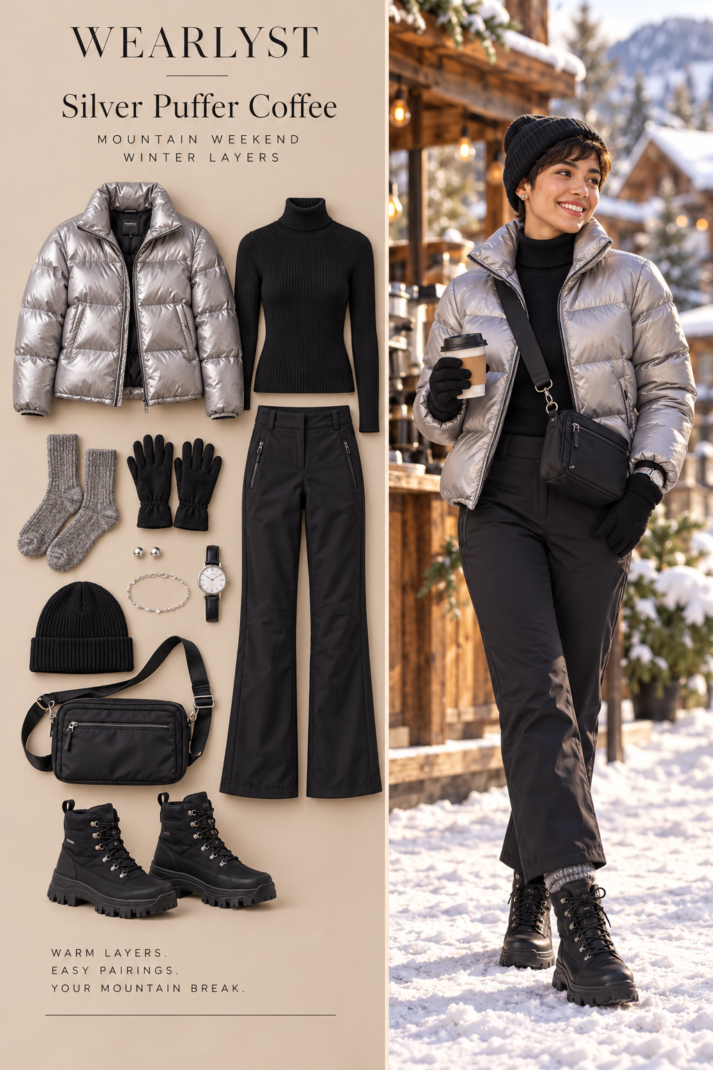 Silver puffer over a black turtleneck and softshell trousers with winter boots