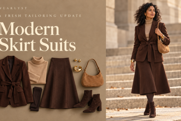 Skirt suit outfits and modern matching set ideas for women