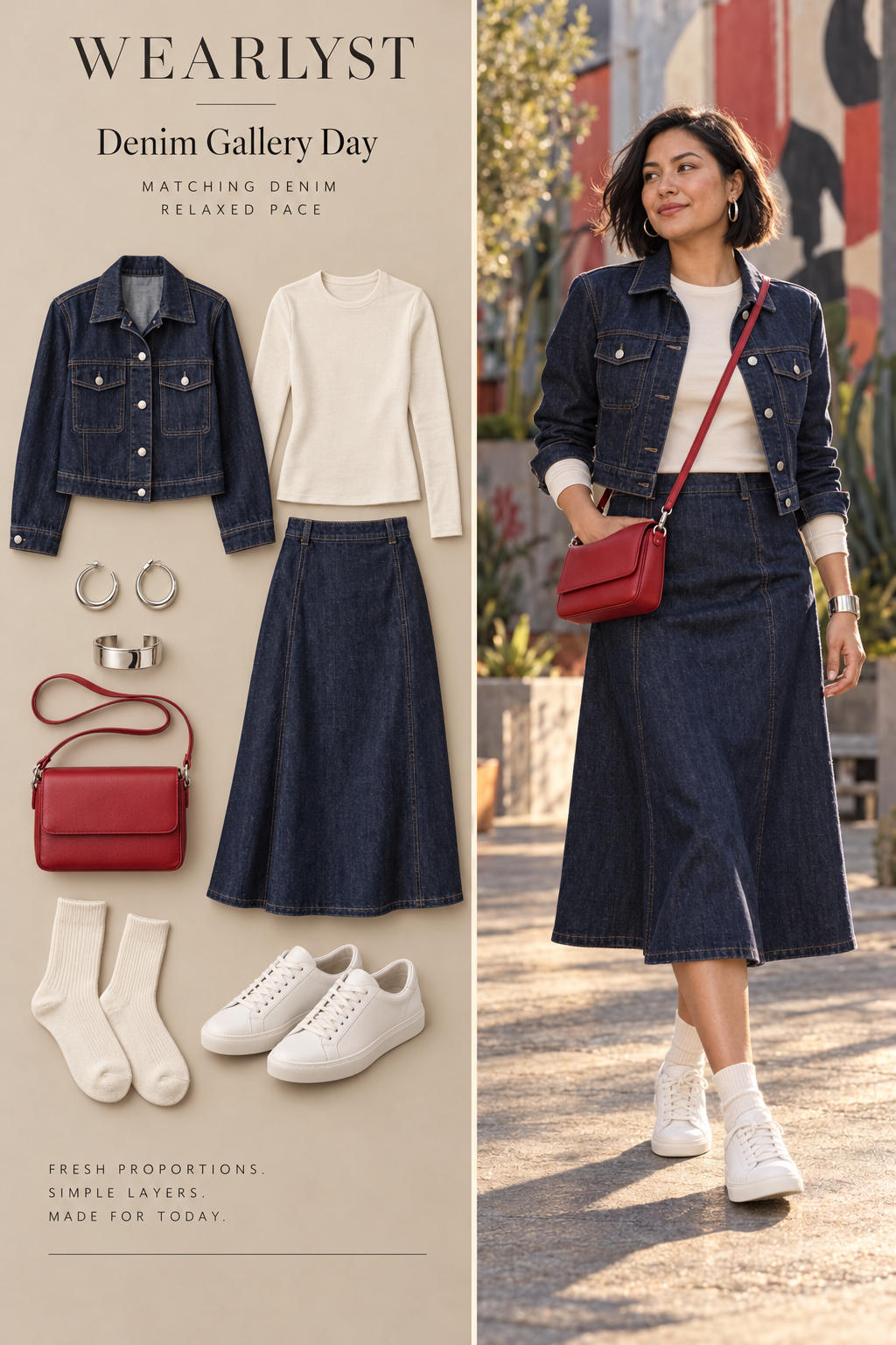 an indigo cotton denim cropped jacket, a matching indigo cotton denim A-line midi skirt