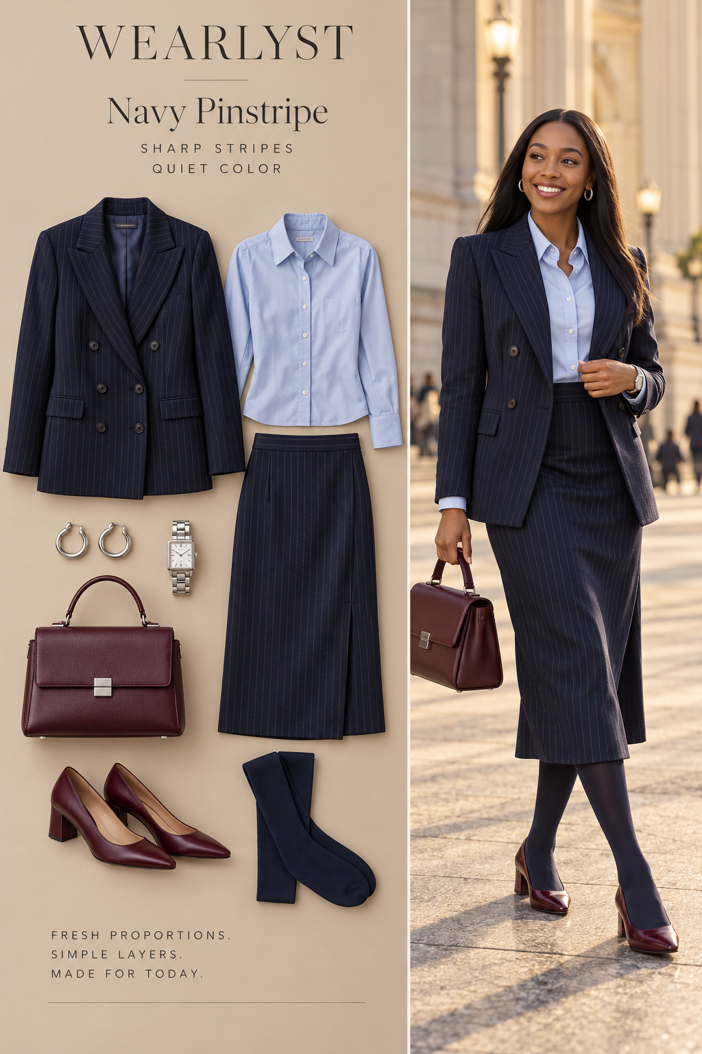 a navy pinstripe wool-blend double-breasted blazer