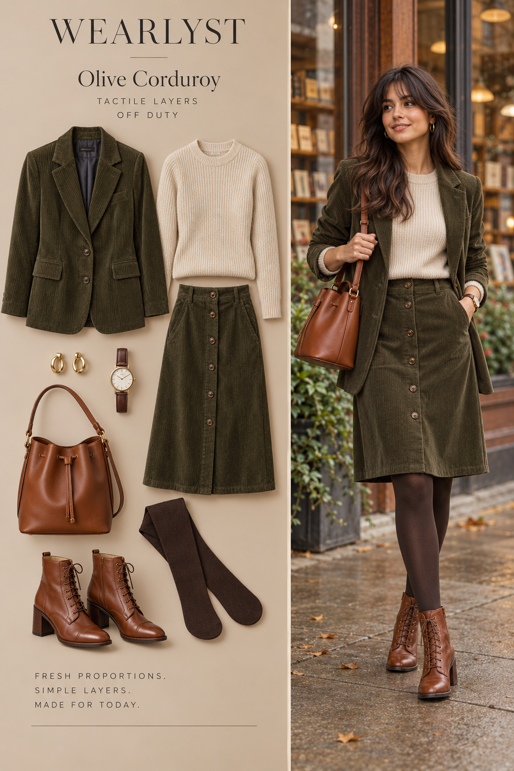 an olive cotton corduroy blazer, a matching olive cotton corduroy button-front knee-length skirt