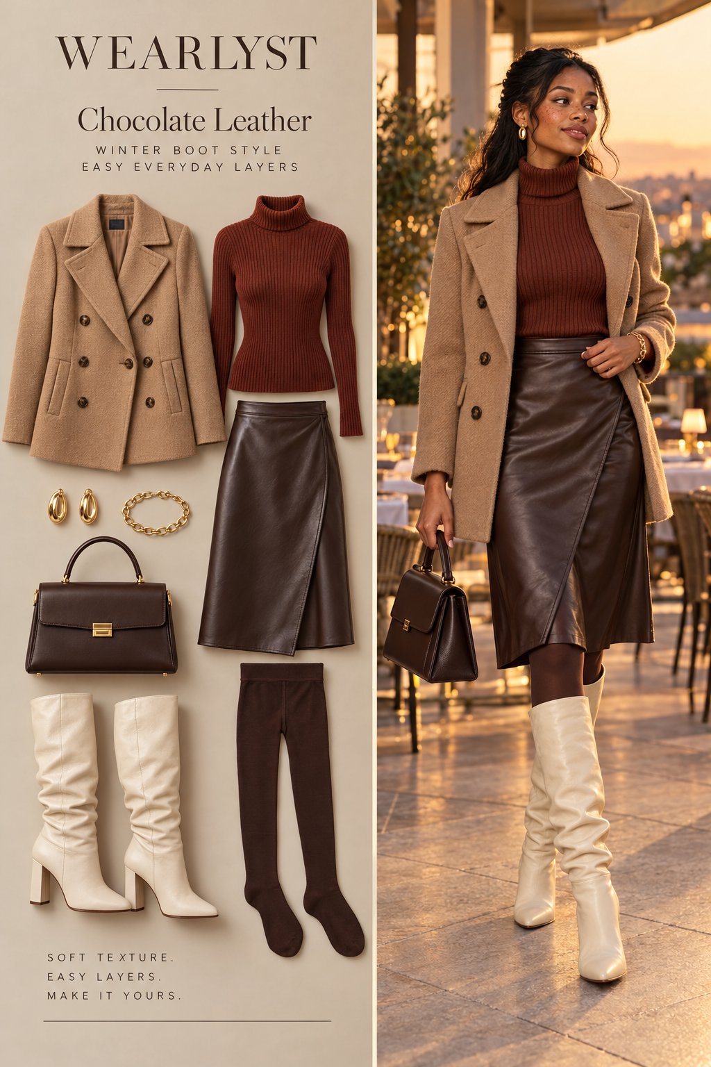 Chocolate Leather: chocolate faux leather wrap skirt with cream slouchy boots