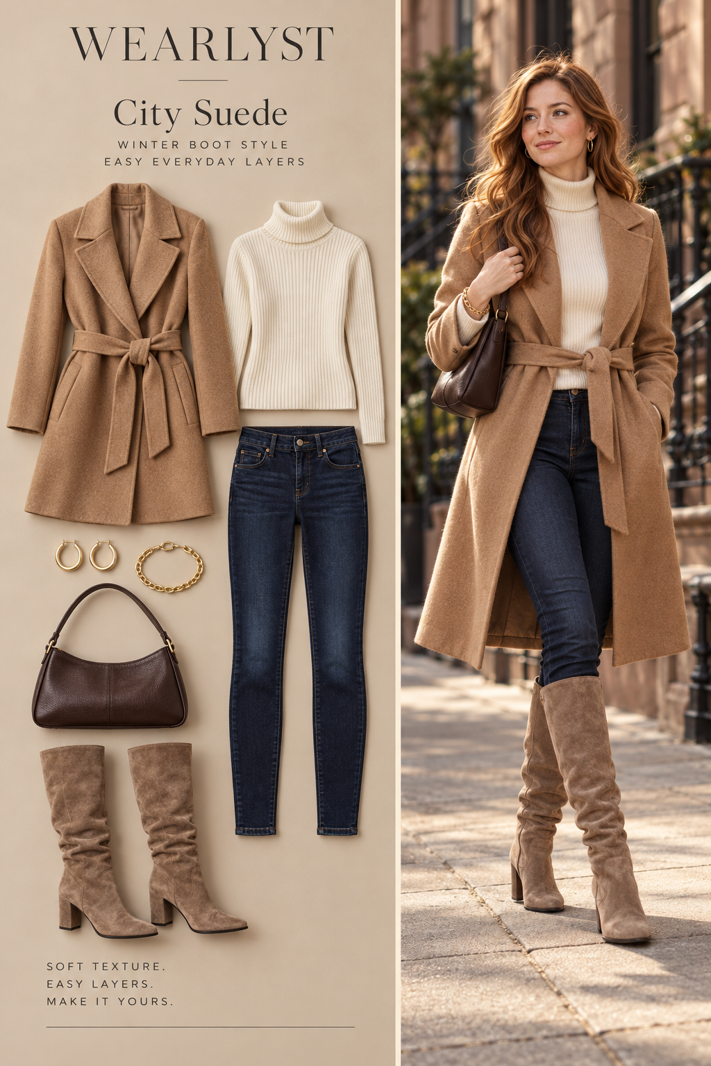 City Suede: camel wool wrap coat with taupe suede slouchy boots