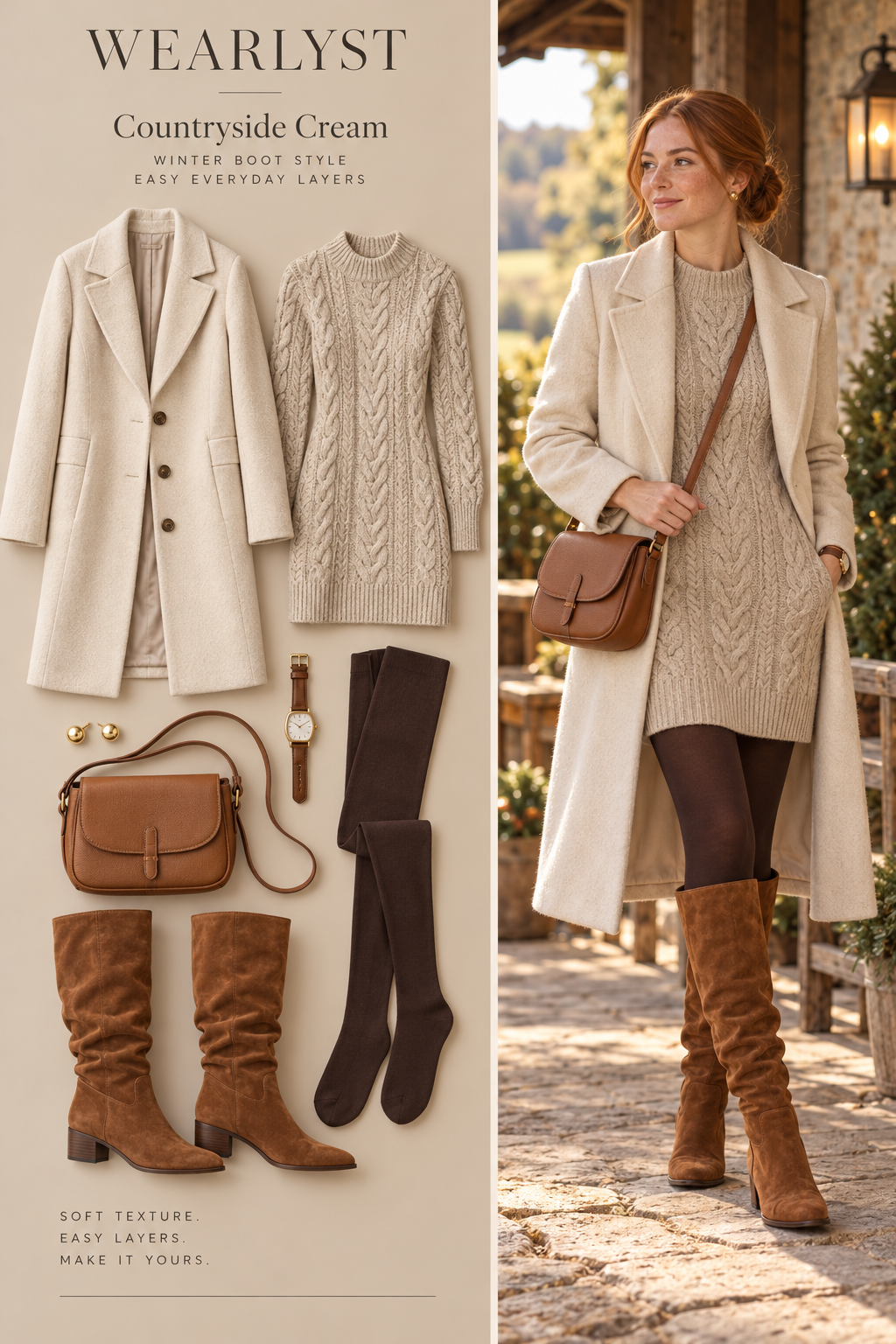 Countryside Cream: oatmeal cable knit sweater dress with cognac suede slouchy boots