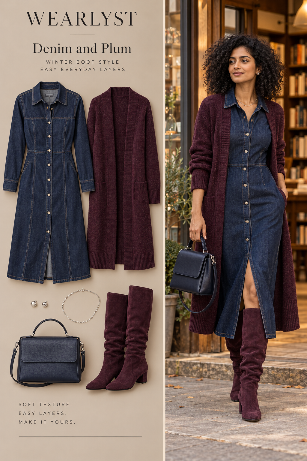 Denim and Plum: denim midi shirt dress with plum slouchy boots