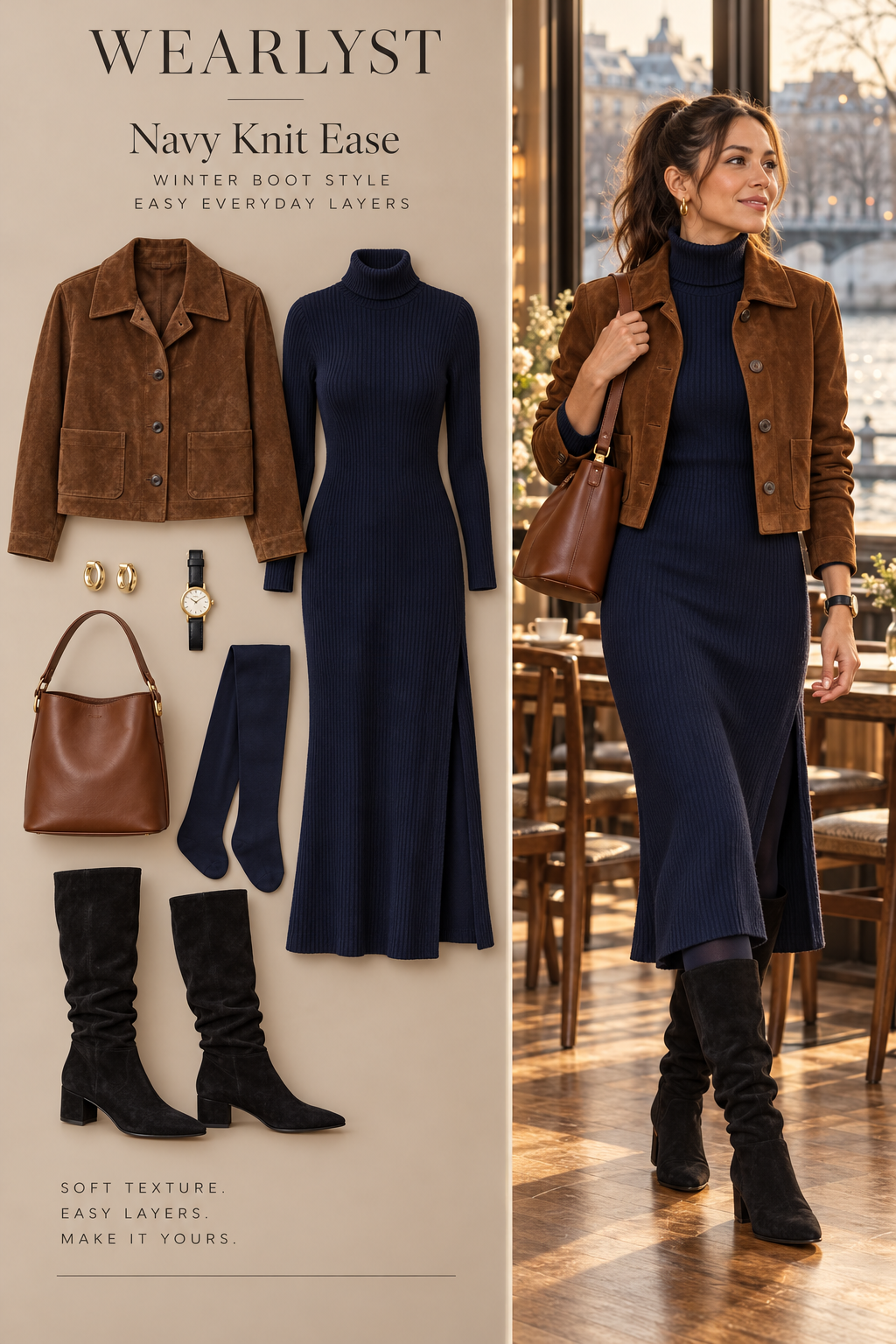 Navy Knit Ease: navy turtleneck midi dress with black suede slouchy boots
