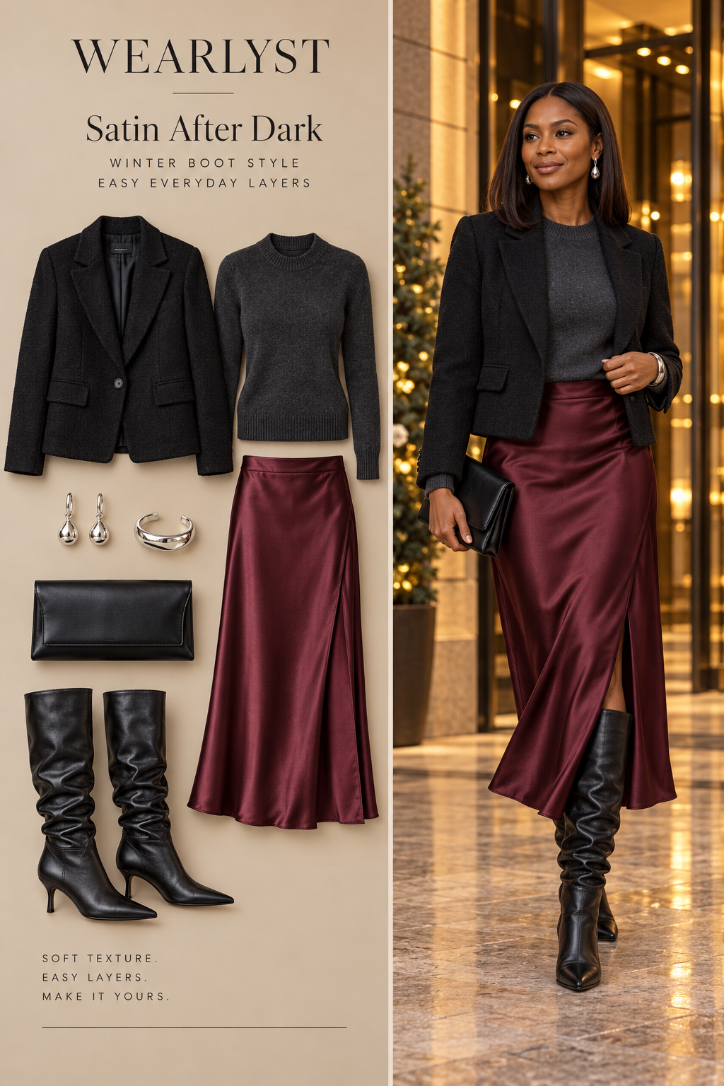 Satin After Dark: burgundy satin midi skirt with black slouchy kitten heel boots