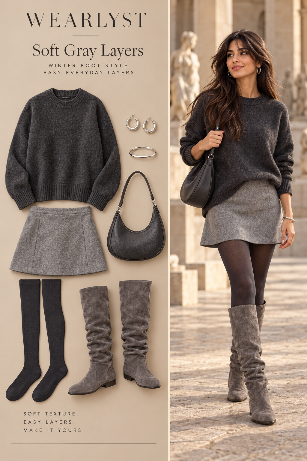 Soft Gray Layers: gray wool mini skirt with gray suede slouchy flat boots
