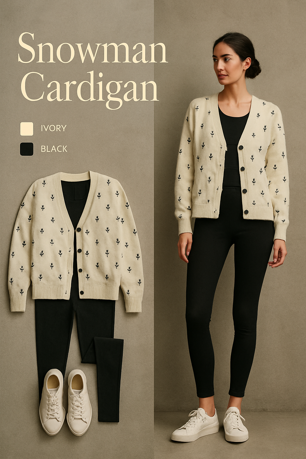 Ivory snowman cardigan with black leggings and white sneakers