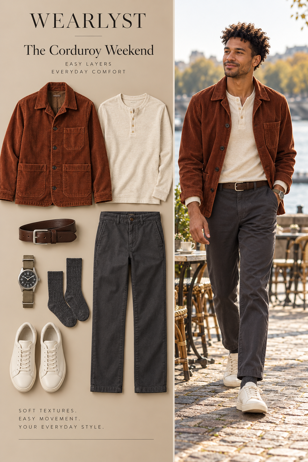 Rust corduroy jacket with cream henley, charcoal trousers, and off-white leather sneakers