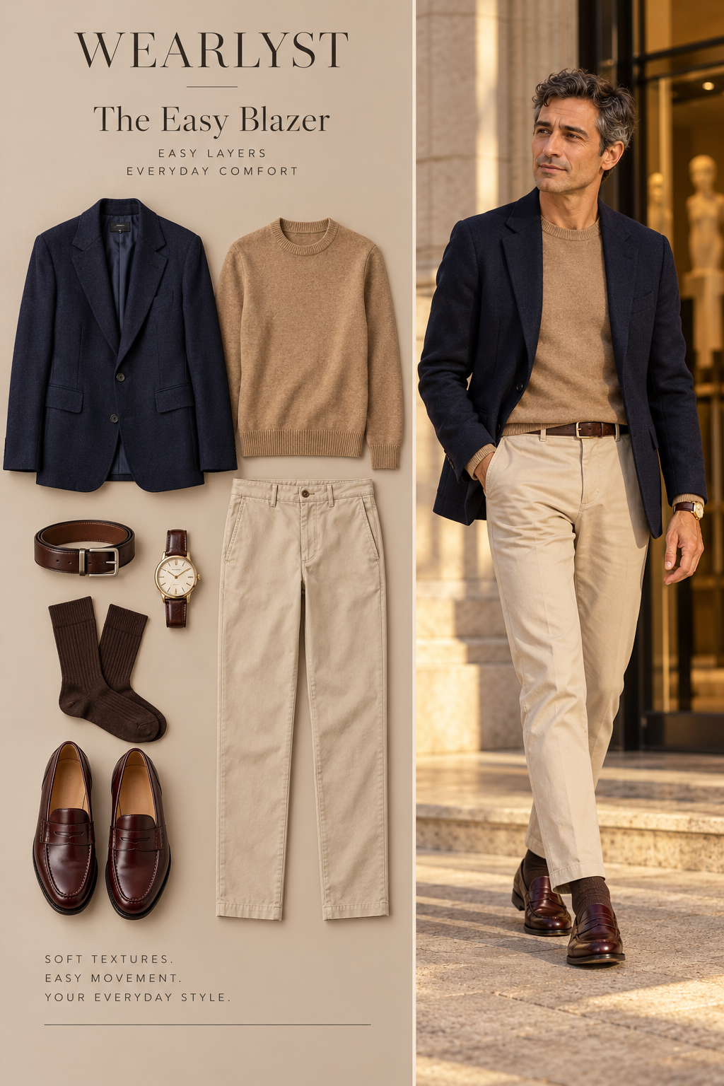Navy blazer with camel merino sweater, stone chinos, and burgundy penny loafers