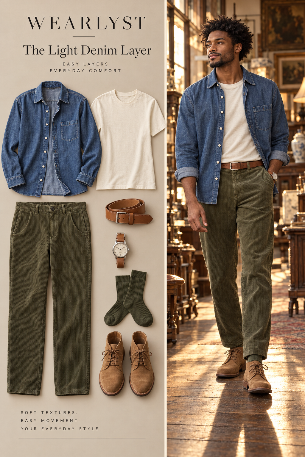 Blue denim shirt with cream tee, olive corduroy trousers, and tan suede boots