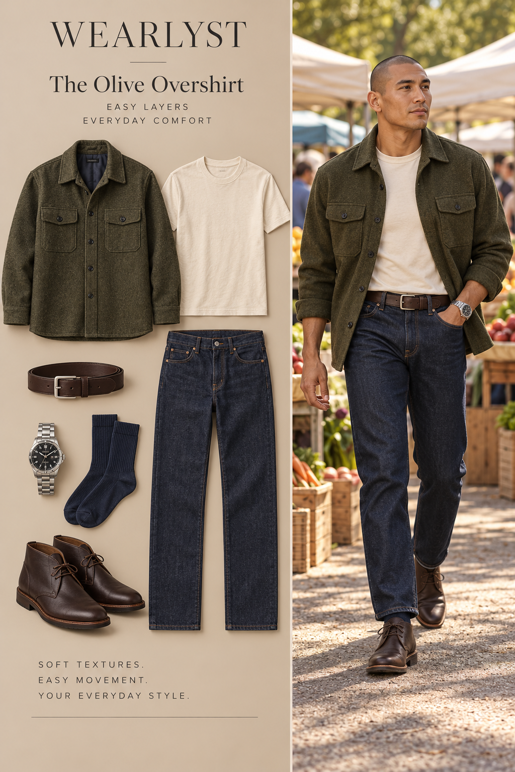Olive wool overshirt with ecru tee, dark straight-leg jeans, and brown chukka boots