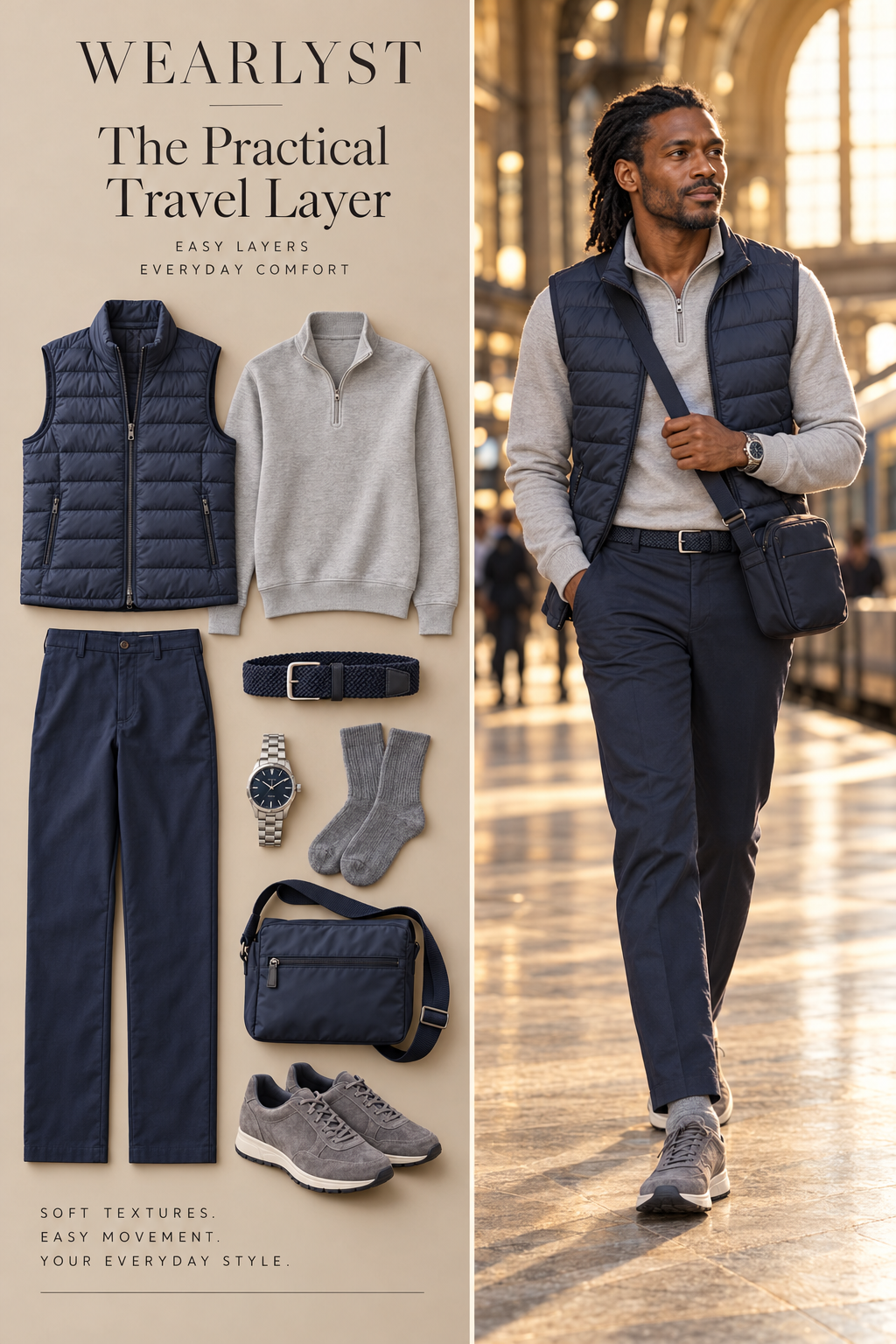 Blue quilted vest with gray half-zip, navy trousers, gray walking sneakers, and crossbody bag