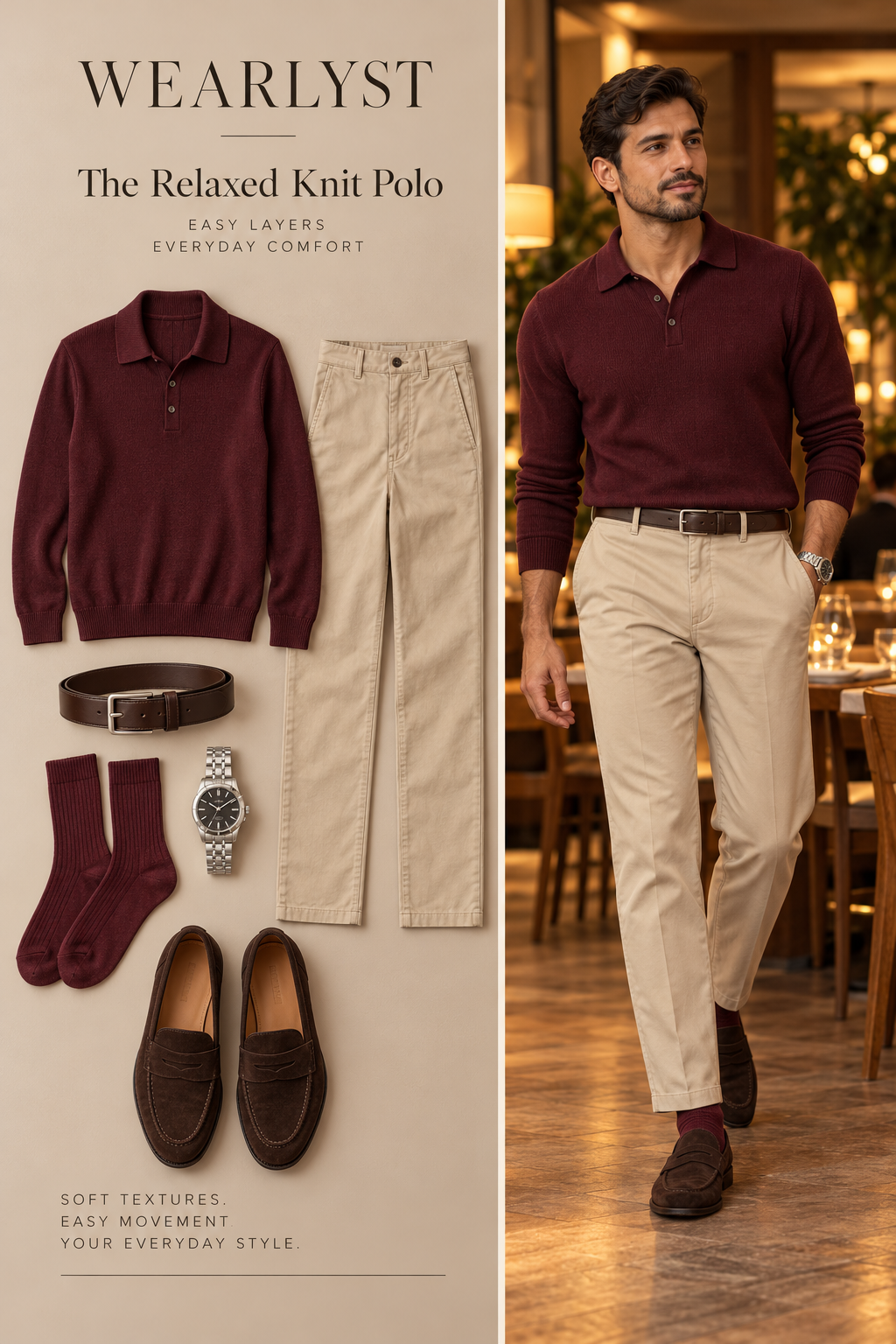 Burgundy merino knit polo with beige chinos and dark-brown suede loafers