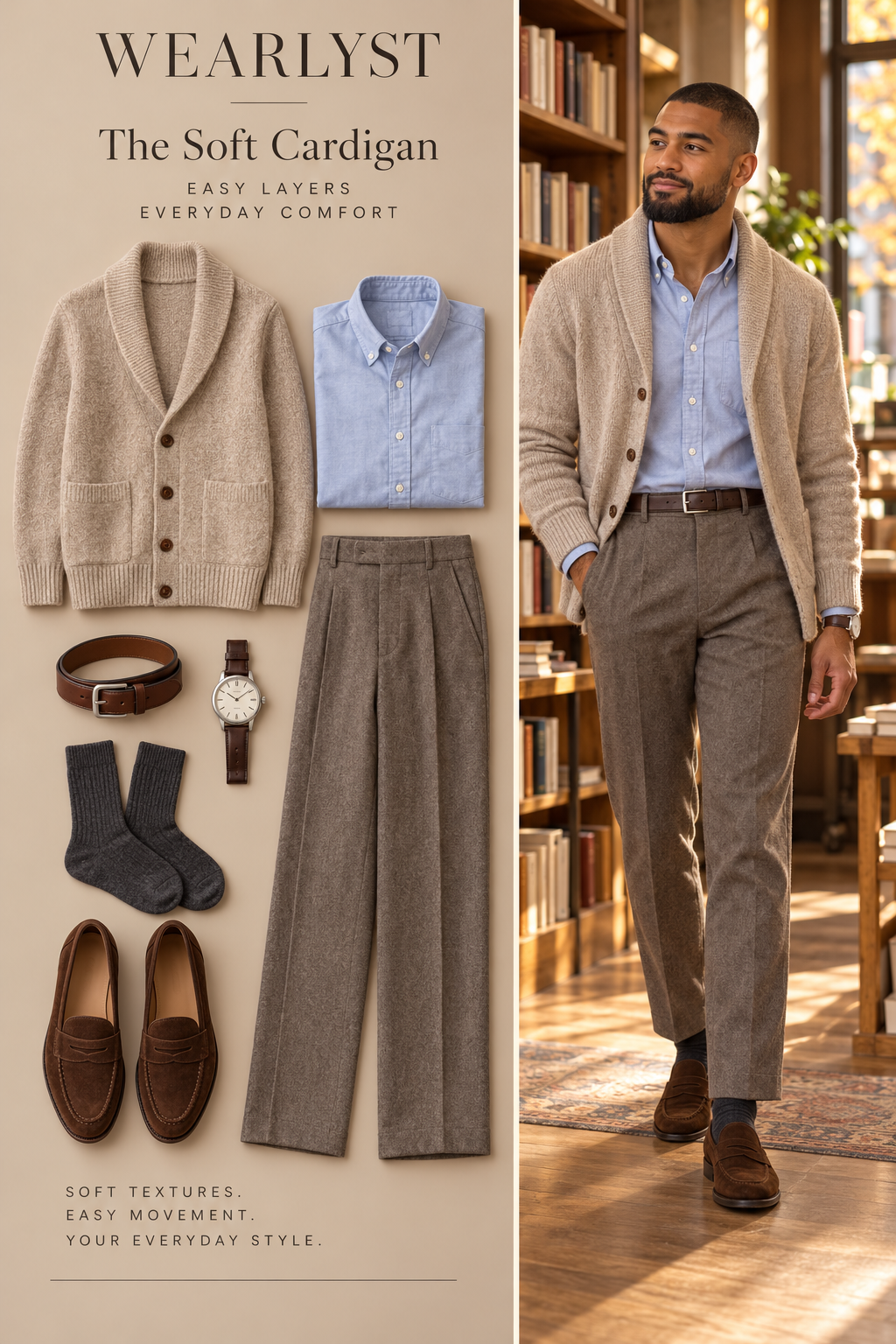 Oatmeal cardigan with blue Oxford shirt, taupe flannel trousers, and brown suede loafers