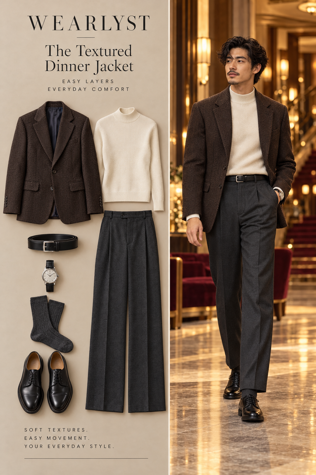 Brown herringbone sport coat with ivory mock-neck, charcoal trousers, and black Derby shoes