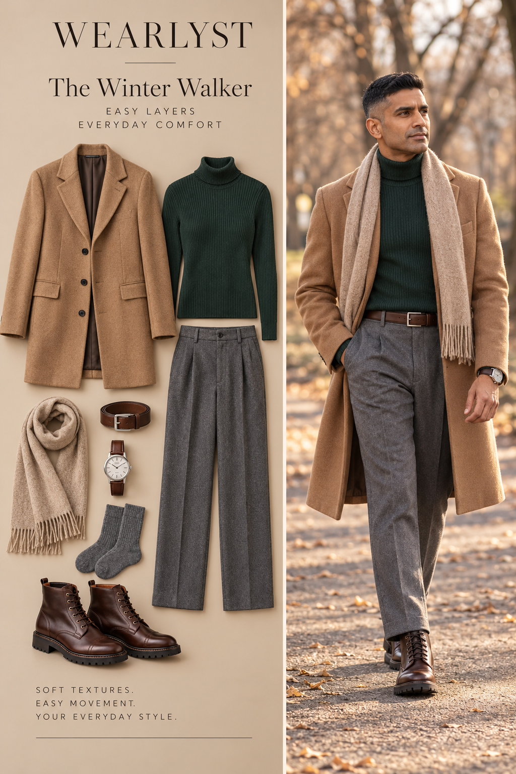 Camel overcoat with forest-green turtleneck, gray flannel trousers, and brown lug-sole boots