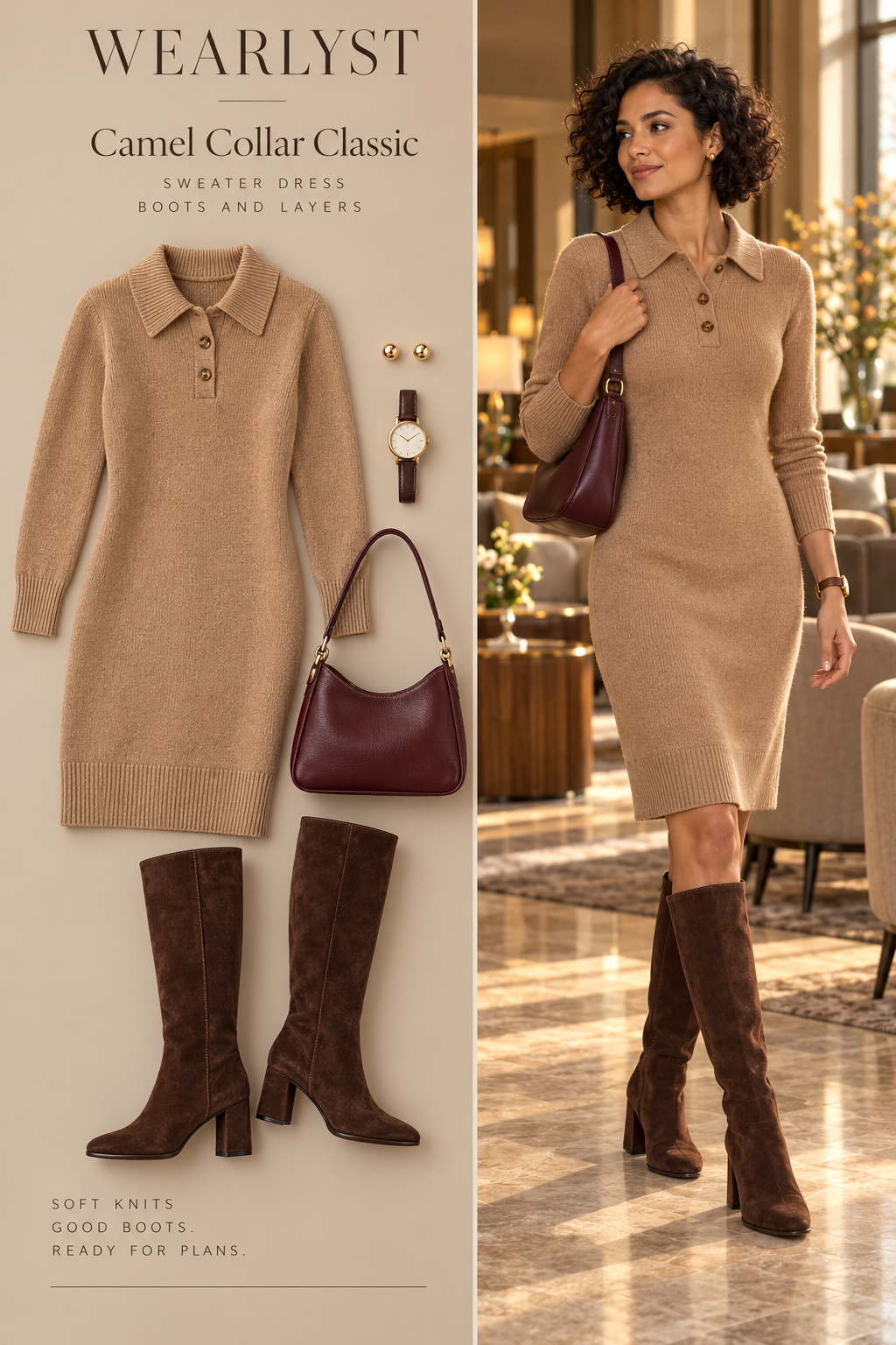 camel wool-blend collared button-neck knee-length sweater dress, chocolate suede knee-high boots, gold stud earrings