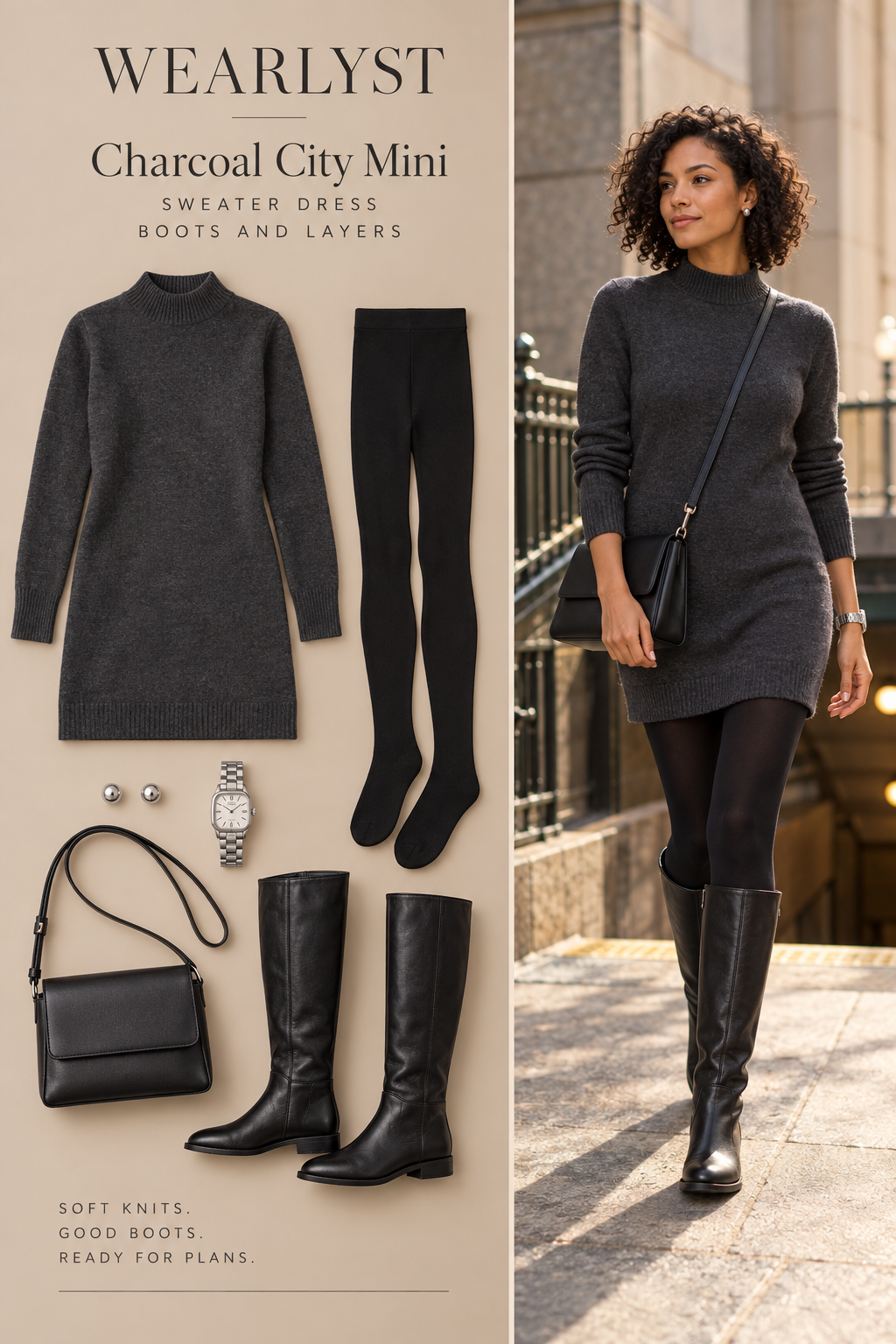 charcoal merino-blend mock-neck mini sweater dress, black opaque tights, black leather flat knee-high boots