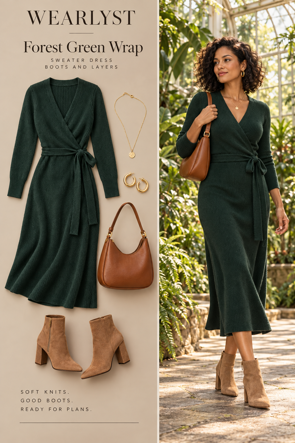 forest green wool-blend wrap midi sweater dress, tan suede block-heel ankle boots, gold hoop earrings