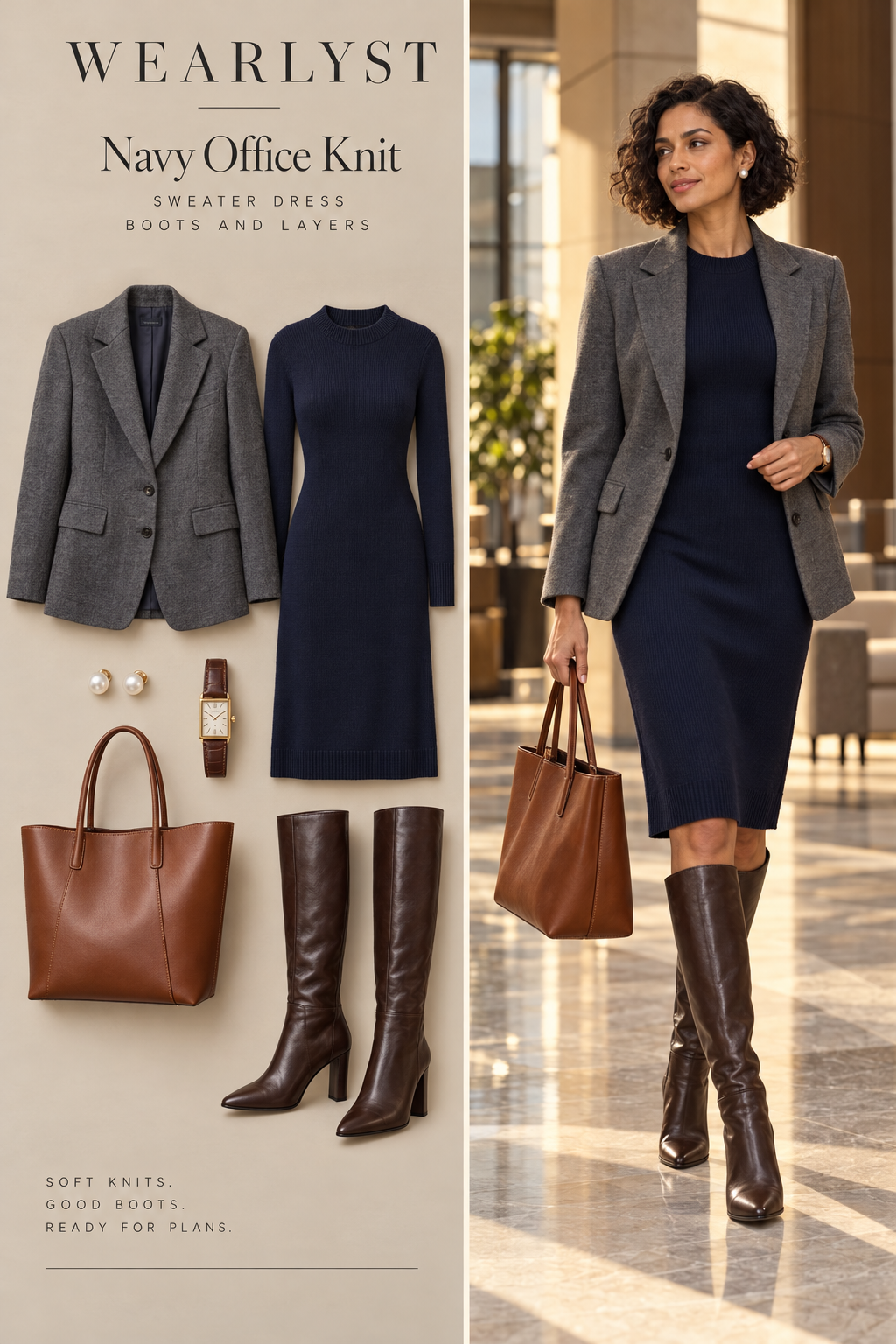 navy fine-gauge wool-blend knee-length sweater dress, gray wool blazer, dark brown leather heeled knee-high boots
