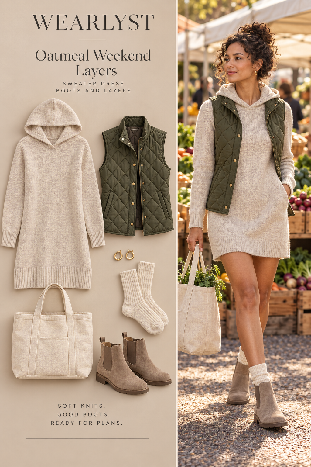 oatmeal cotton-knit hooded mini sweater dress, olive quilted vest, taupe suede Chelsea boots