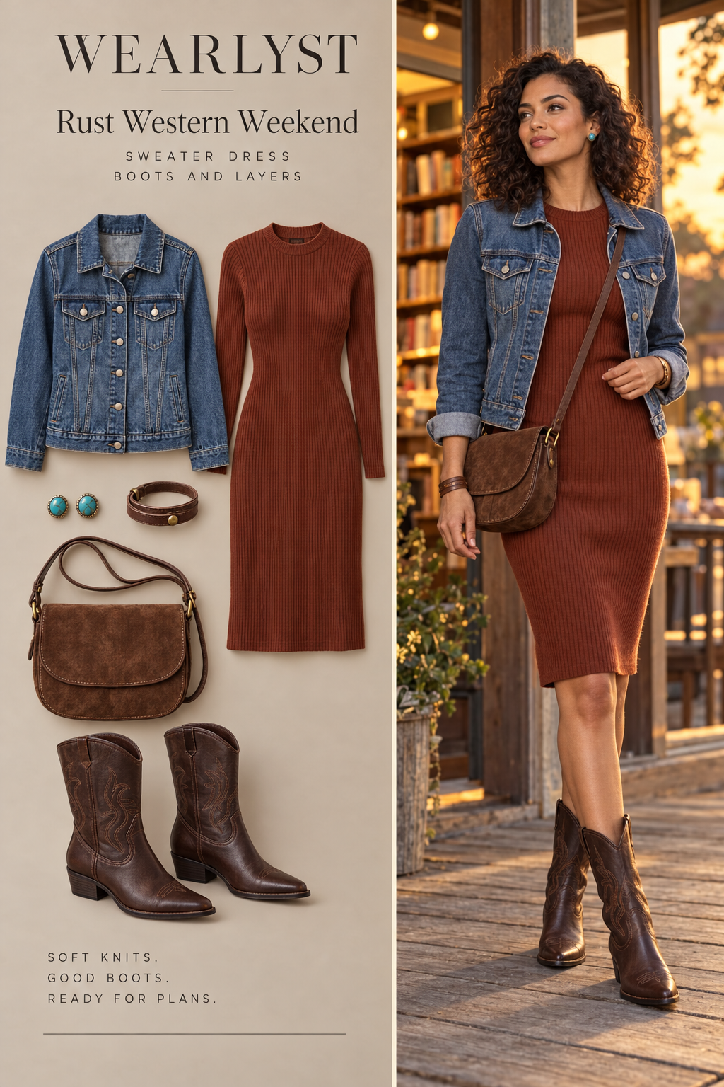 rust cotton-blend ribbed knee-length sweater dress, blue denim jacket, dark brown leather western boots