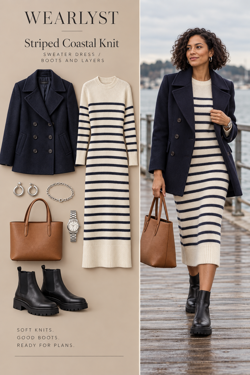 ivory and navy striped cotton-knit midi sweater dress, navy wool peacoat, black leather lug-sole ankle boots