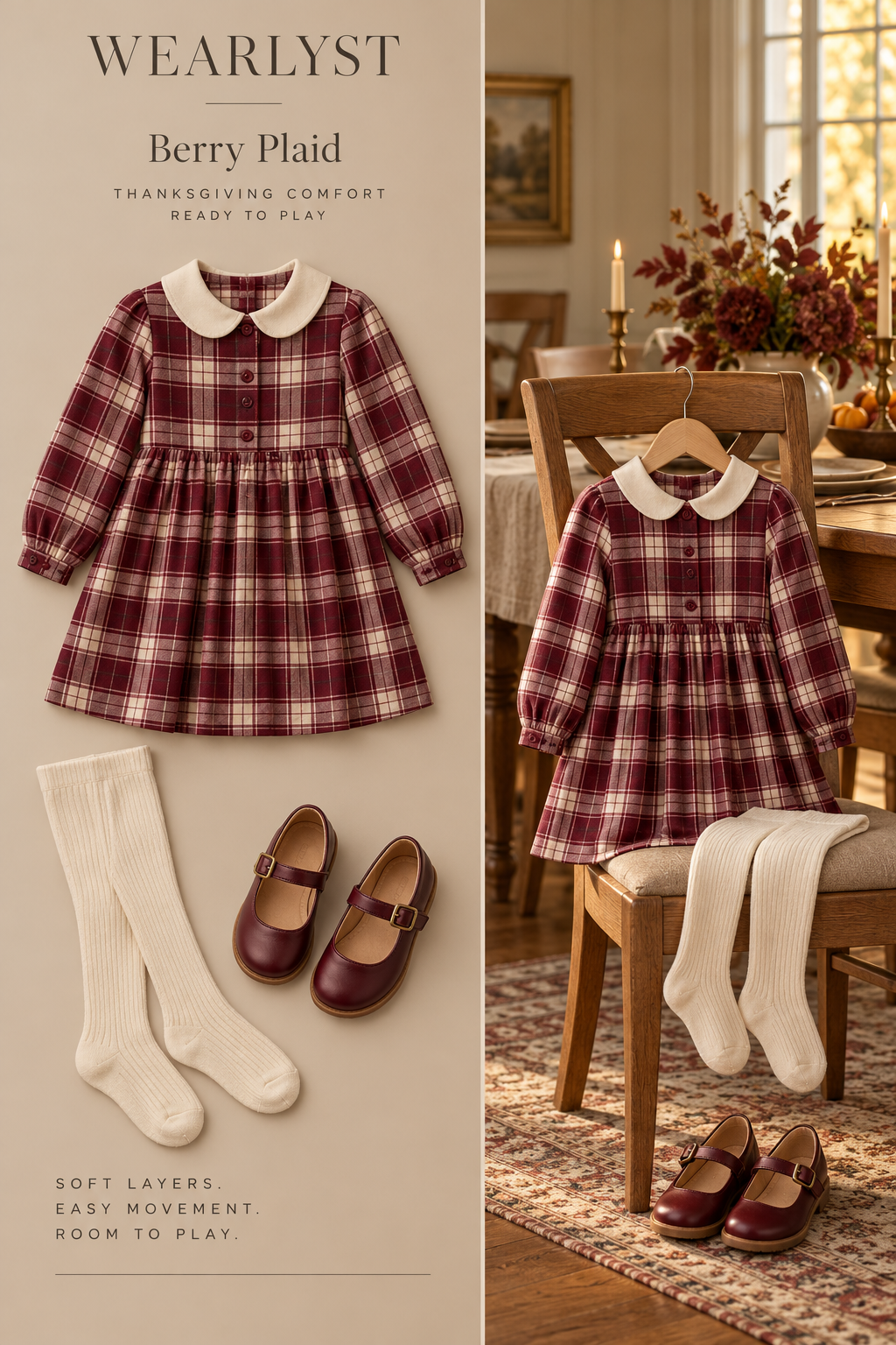 burgundy-and-cream cotton plaid long-sleeve dress, cream cotton-blend tights, and burgundy rubber-soled Mary Jane shoes
