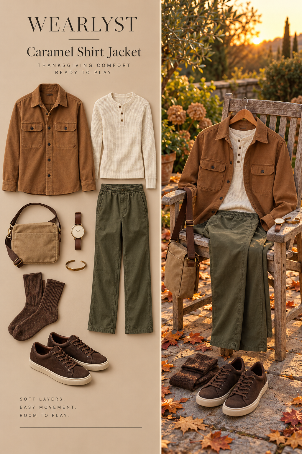 caramel cotton twill overshirt over an ecru cotton waffle-knit henley, olive stretch-cotton pull-on pants, brown cotton sock