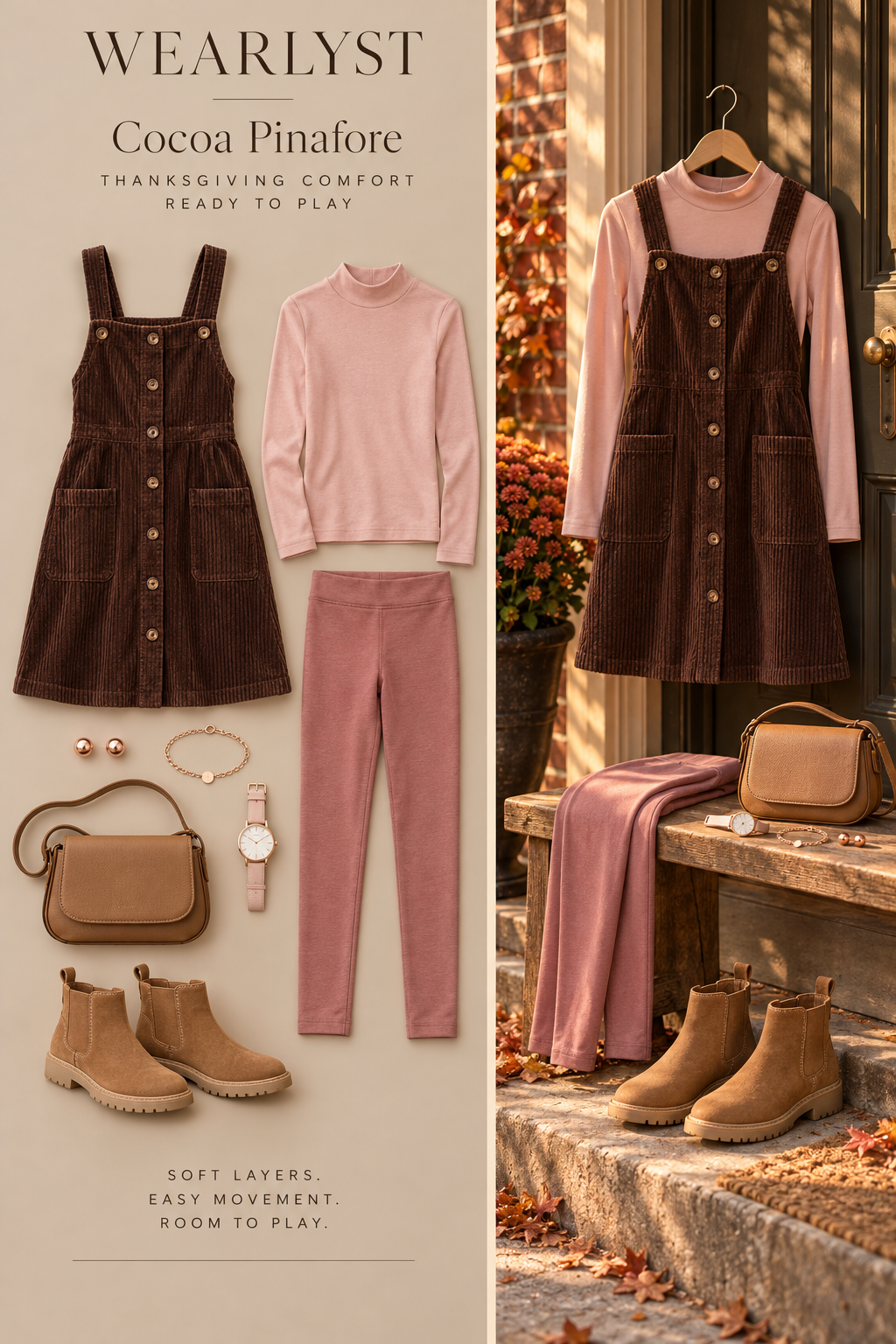 chocolate cotton corduroy pinafore dress over a blush cotton jersey mock-neck top, dusty-rose cotton-blend leggings, and tan