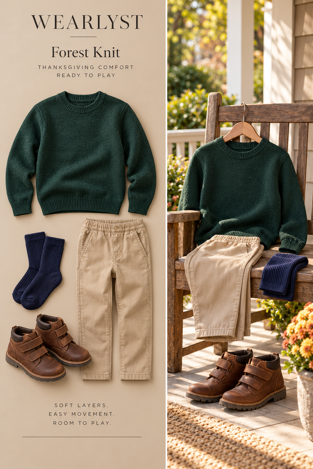forest-green cotton crewneck sweater, sand stretch-cotton chinos with an elastic waist, navy cotton socks, and brown hook-an