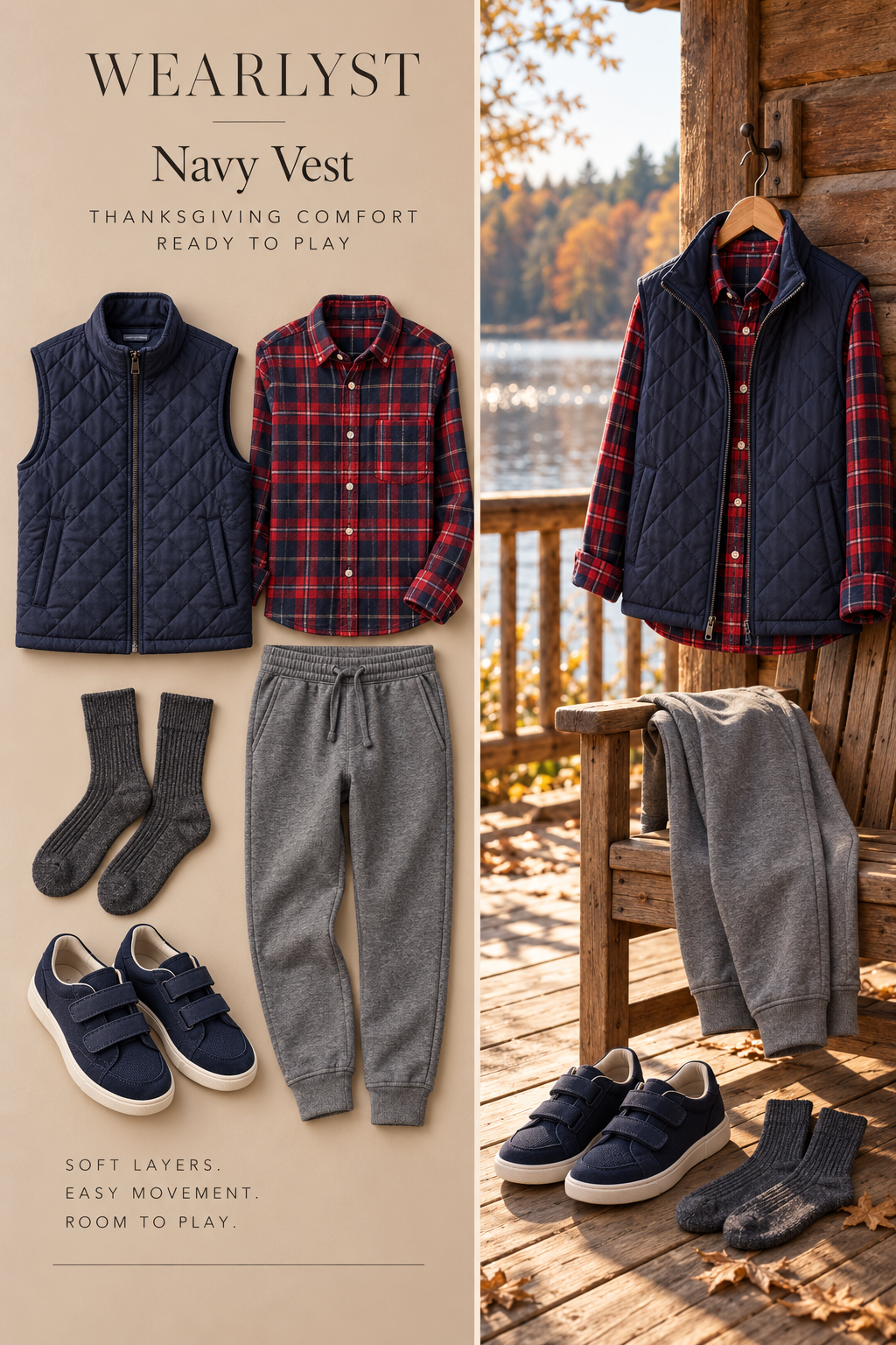 navy quilted cotton vest over a red-and-navy cotton flannel shirt, gray stretch-cotton joggers, charcoal cotton socks, and n