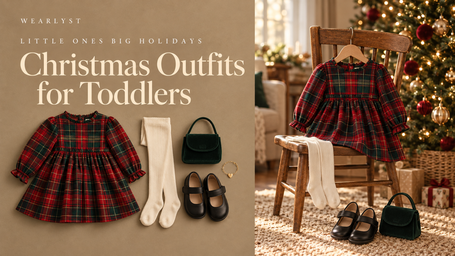 Toddler Christmas outfits for boys and girls with tartan, velvet, and soft knits