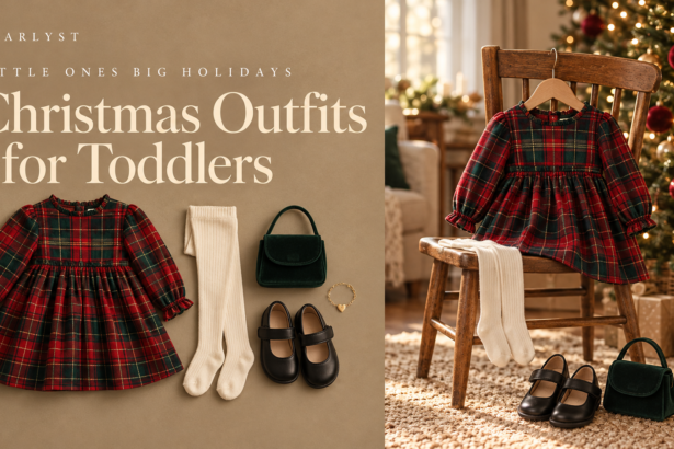 Toddler Christmas outfits for boys and girls with tartan, velvet, and soft knits