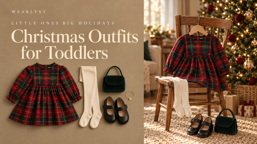 Toddler Christmas outfits for boys and girls with tartan, velvet, and soft knits